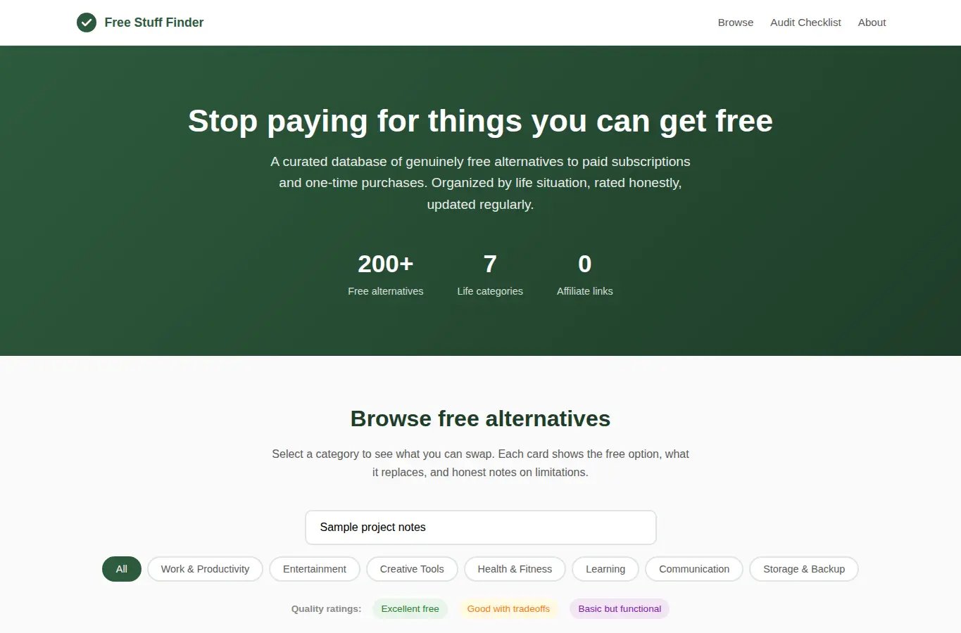Screenshot of Free Stuff Lifecycle Finder interface showing the project page in use